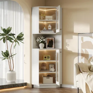 Hoekbadkamerkast – met 2 deuren + 1 opbergnis + LED's – 45 x 45 x 166,5 cm – MDF – wit