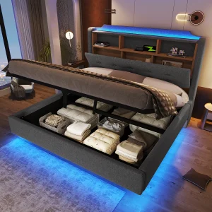 Gestoffeerd hydraulisch opbergbed – 140 x 200 cm – met LED's en USB – hoofdeinde met opbergruimte – linnen – grijs Gestoffeerd hydraulisch opbergbed – 140 x 200 cm – met LED's en USB – hoofdeinde met opbergruimte – linnen – grijs