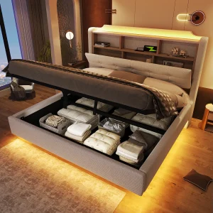 Gestoffeerd hydraulisch opbergbed – 140 x 200 cm – met LED's en USB – hoofdeinde met opbergruimte – linnen – beige Gestoffeerd hydraulisch opbergbed – 140 x 200 cm – met LED's en USB – hoofdeinde met opbergruimte – linnen – beige