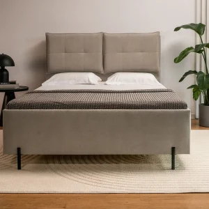 Gestoffeerd bed 140×200 met klaprugkussens – waterbestendige chenille – donkerbeige – BELLEO