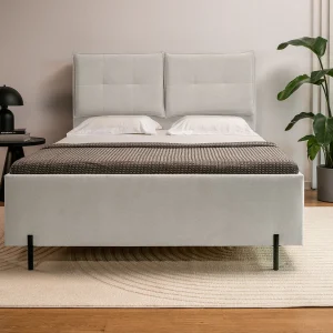 Gestoffeerd bed 140×200 met klaprugkussens – waterbestendige chenille – greige – BELLEO