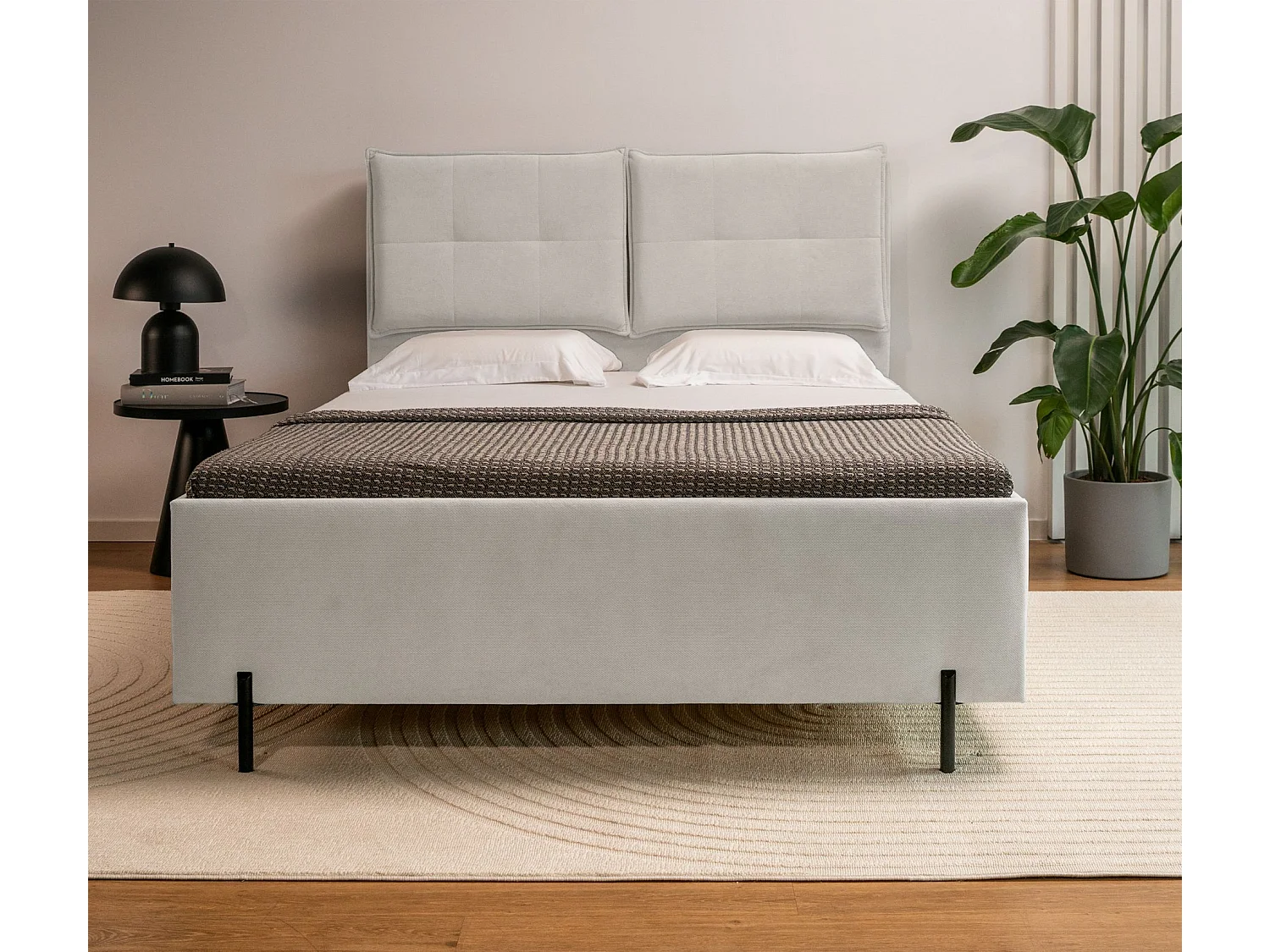 Gestoffeerd bed 140x200 met klaprugkussens – waterbestendige chenille – greige – BELLEO