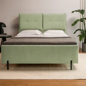 Gestoffeerd bed 140×200 met klaprugkussens – waterbestendige chenille – olijfgroen – BELLEO