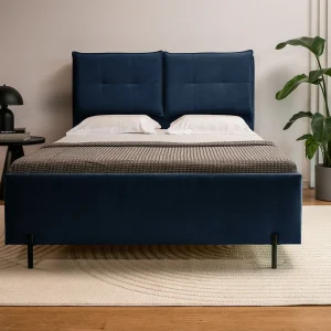Gestoffeerd bed 160×200 met klaprugkussens – waterbestendige chenille – nachtblauw – BELLEO