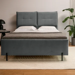 Gestoffeerd bed 160×200 met klaprugkussens – waterbestendige chenille – donkergrijs – BELLEO