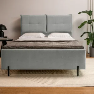 Gestoffeerd bed 160×200 met klaprugkussens – waterbestendige chenille – grijs – BELLEO
