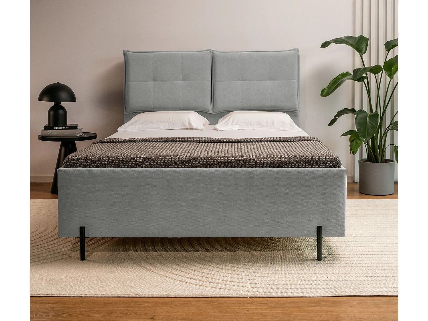 Gestoffeerd bed 140x200 met klaprugkussens – waterbestendige chenille – grijs – BELLEO