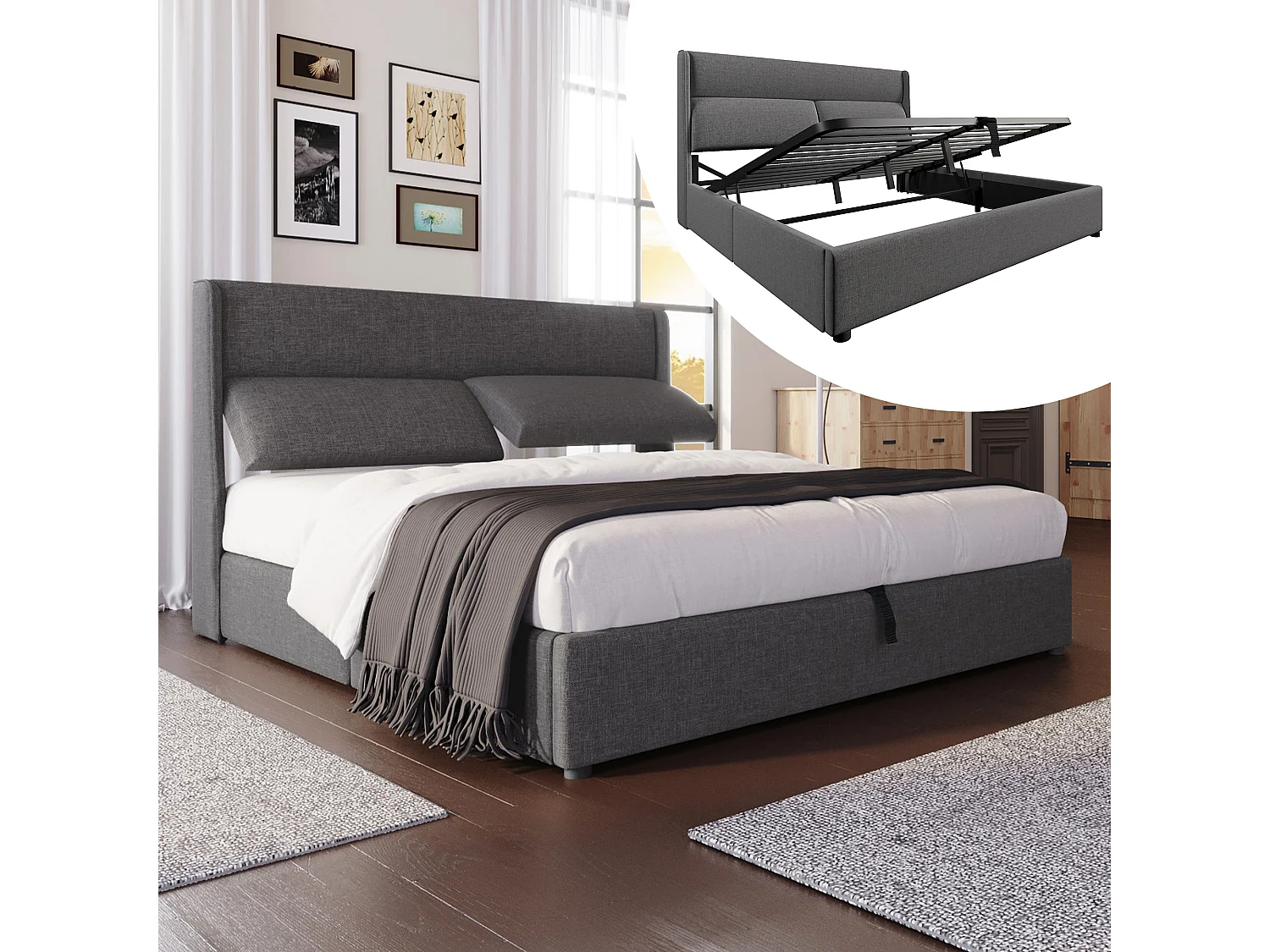 Gestoffeerd tweepersoonsbed met opbergruimte - 140 x 200 cm - met verstelbare hoofdsteunen + hydraulische opbergruimte - linnen - grijs