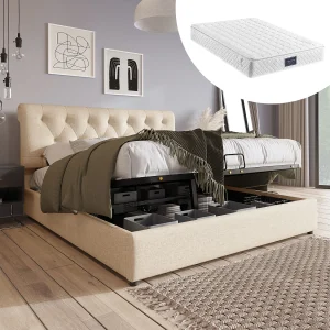 Gestoffeerd opbergbed – 140 x 200 cm – met verstelbaar hoofdeinde + hydraulische opberging – linnen – naturel (met matras) Gestoffeerd opbergbed – 140 x 200 cm – met verstelbaar hoofdeinde + hydraulische opberging – linnen – naturel (met matras)