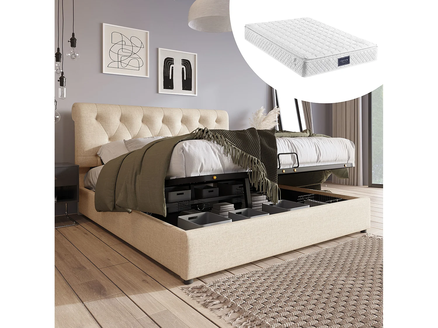 Gestoffeerd opbergbed - 140 x 200 cm - met verstelbaar hoofdeinde + hydraulische opberging - linnen - naturel (met matras)