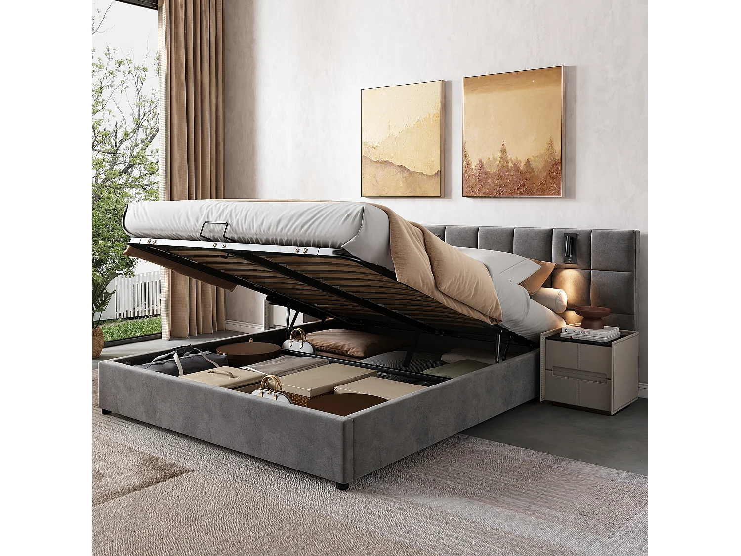 Gestoffeerd bed met hydraulische opbergruimte - 160 x 200 cm - met lamp + USB-aansluiting - gewatteerd hoofdeinde - fluweel - grijs