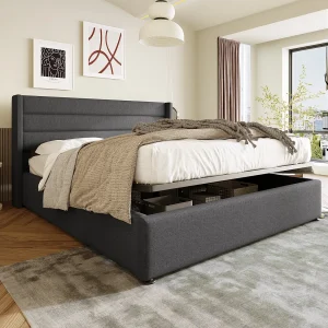 Gestoffeerd opbergbed – 180 x 200 cm – met hoofdbord + lattenbodem + hydraulische opberging – linnen – grijs Gestoffeerd opbergbed – 180 x 200 cm – met hoofdbord + lattenbodem + hydraulische opberging – linnen – grijs