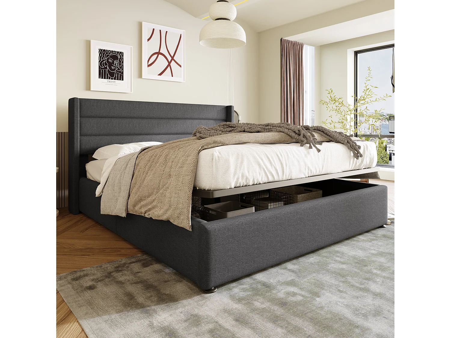 Gestoffeerd opbergbed - 180 x 200 cm - met hoofdbord + lattenbodem + hydraulische opberging - linnen - grijs
