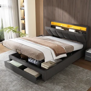 Gestoffeerd opbergbed – 140 x 200 cm – met LED's + lades + uitschuifbaar hoofdeinde – linnen – grijs Gestoffeerd opbergbed – 140 x 200 cm – met LED's + lades + uitschuifbaar hoofdeinde – linnen – grijs