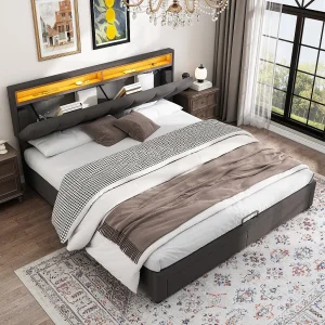 Gestoffeerd opbergbed – 160 x 200 cm – met LED's + lades + uitschuifbaar hoofdeinde – linnen – grijs Gestoffeerd opbergbed – 160 x 200 cm – met LED's + lades + uitschuifbaar hoofdeinde – linnen – grijs