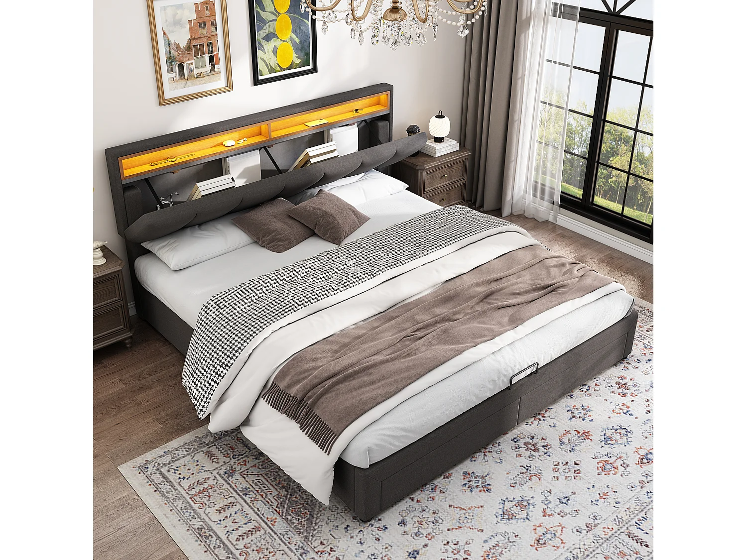 Gestoffeerd opbergbed - 160 x 200 cm - met LED's + lades + uitschuifbaar hoofdeinde - linnen - grijs
