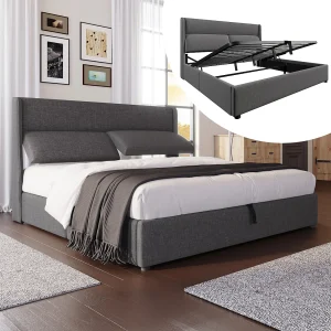 Gestoffeerd tweepersoonsbed met opbergruimte – 180 x 200 cm – met verstelbare hoofdsteunen + hydraulische opbergruimte – linnen – grijs Gestoffeerd tweepersoonsbed met opbergruimte – 180 x 200 cm – met verstelbare hoofdsteunen + hydraulische opbergruimte – linnen – grijs
