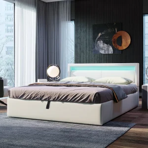 Gestoffeerd tweepersoonsbed met opbergruimte – 140 x 200 cm – met LED's + lattenbodem + hydraulische opbergruimte – PU – wit Gestoffeerd tweepersoonsbed met opbergruimte – 140 x 200 cm – met LED's + lattenbodem + hydraulische opbergruimte – PU – wit