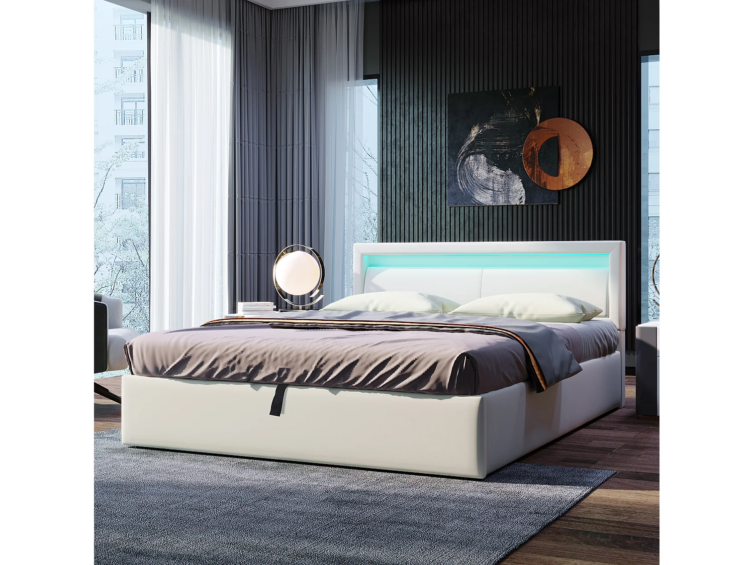 Gestoffeerd tweepersoonsbed met opbergruimte - 140 x 200 cm - met LED's + lattenbodem + hydraulische opbergruimte - PU - wit