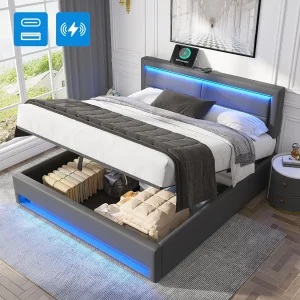 Gestoffeerd opbergbed – 160 x 200 cm – met USB + LED's + hydraulische opbergruimte – PU – grijs Gestoffeerd opbergbed – 160 x 200 cm – met USB + LED's + hydraulische opbergruimte – PU – grijs