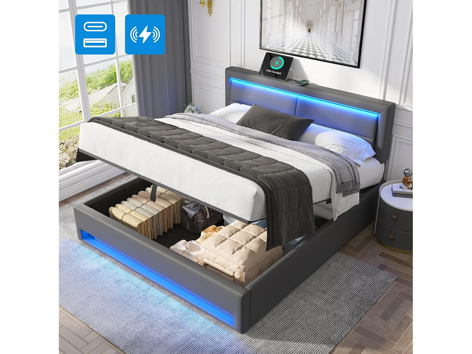 Gestoffeerd opbergbed - 160 x 200 cm - met USB + LED's + hydraulische opbergruimte - PU - grijs