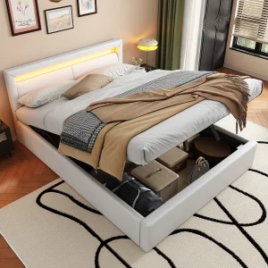 Gestoffeerd bed met opbergruimte – 140 x 190 cm – hoofdbord met LED's – met lattenbodem – PU – wit Gestoffeerd bed met opbergruimte – 140 x 190 cm – hoofdbord met LED's – met lattenbodem – PU – wit