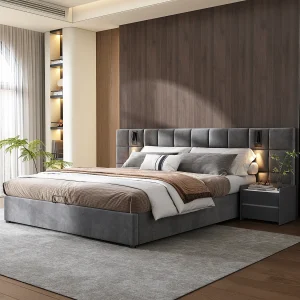 Gestoffeerd bed met hydraulische opbergruimte – 180 x 200 cm – met lamp + USB-aansluiting – gewatteerd hoofdeinde – fluweel – grijs Gestoffeerd bed met hydraulische opbergruimte – 180 x 200 cm – met lamp + USB-aansluiting – gewatteerd hoofdeinde – fluweel – grijs