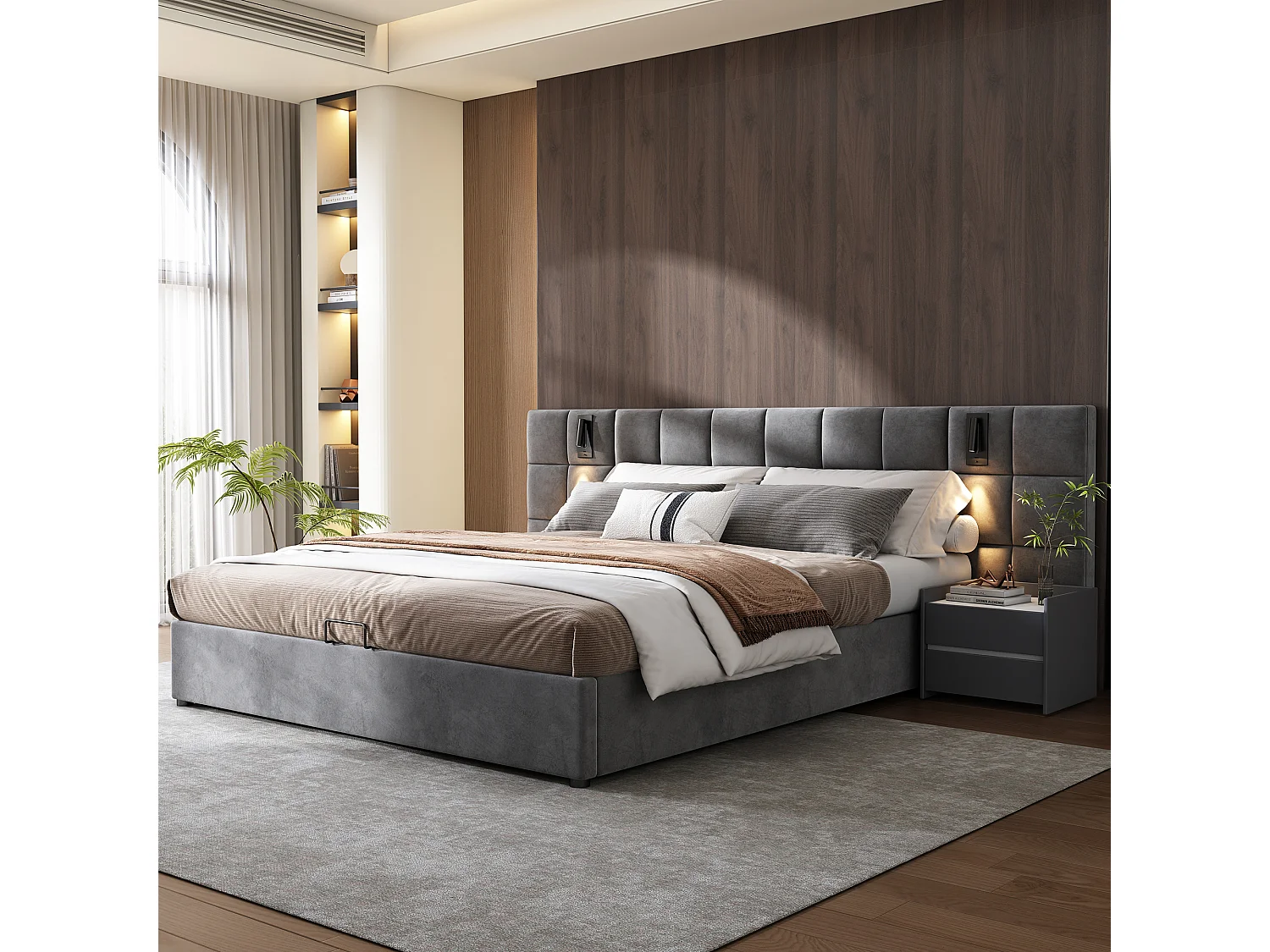 Gestoffeerd bed met hydraulische opbergruimte - 180 x 200 cm - met lamp + USB-aansluiting - gewatteerd hoofdeinde - fluweel - grijs
