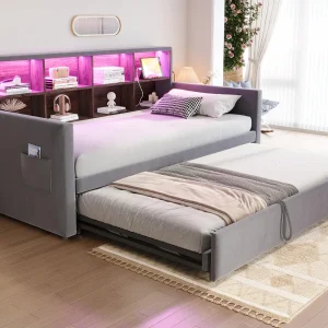 Gestoffeerde slaapbank 90x190cm – met LED-verlichting – met oplaadaansluiting – met uitschuifbaar bed – fluweel stof – Donkergrijs Gestoffeerde slaapbank 90x190cm – met LED-verlichting – met oplaadaansluiting – met uitschuifbaar bed – fluweel stof – Donkergrijs