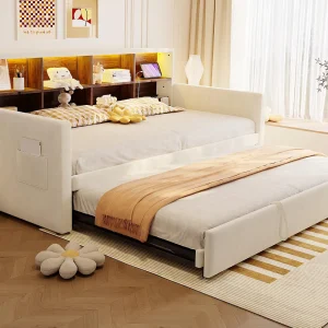 Gestoffeerde slaapbank 90x190cm – met LED-verlichting – met oplaadaansluiting – met uitschuifbaar bed – fluweel stof – beige Gestoffeerde slaapbank 90x190cm – met LED-verlichting – met oplaadaansluiting – met uitschuifbaar bed – fluweel stof – beige