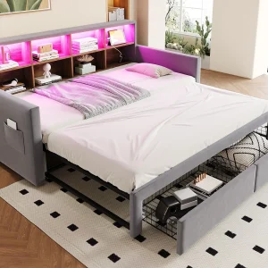 Gestoffeerde slaapbank 90×190 cm – LED-verlichting – met oplaadaansluiting – twee lades – lattenbodem – fluweel – lichtgrijs Gestoffeerde slaapbank 90×190 cm – LED-verlichting – met oplaadaansluiting – twee lades – lattenbodem – fluweel – lichtgrijs