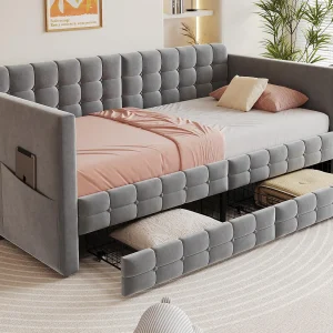Gestoffeerde slaapbank 90×190 cm – met 2 lades – fluweel stof – grijs (matras niet inbegrepen) Gestoffeerde slaapbank 90×190 cm – met 2 lades – fluweel stof – grijs (matras niet inbegrepen)
