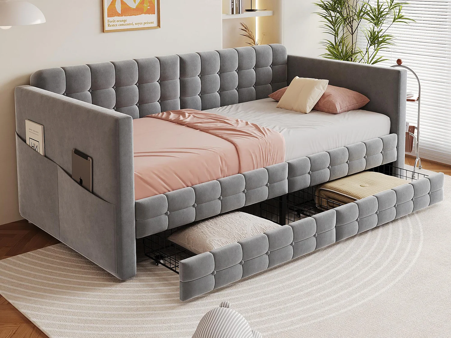 Gestoffeerde slaapbank 90x190 cm - met 2 lades - fluweel stof - grijs (matras niet inbegrepen)