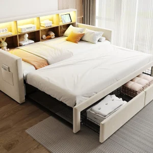 Gestoffeerde slaapbank 90×190 cm – LED-verlichting – met oplaadaansluiting – twee lades – lattenbodem – fluweel – beige Gestoffeerde slaapbank 90×190 cm – LED-verlichting – met oplaadaansluiting – twee lades – lattenbodem – fluweel – beige