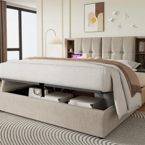 Gestoffeerd opbergbed 160×200 cm – met draadloos opladen en opbergkop – linnen stof – Beige Gestoffeerd opbergbed 160×200 cm – met draadloos opladen en opbergkop – linnen stof – Beige