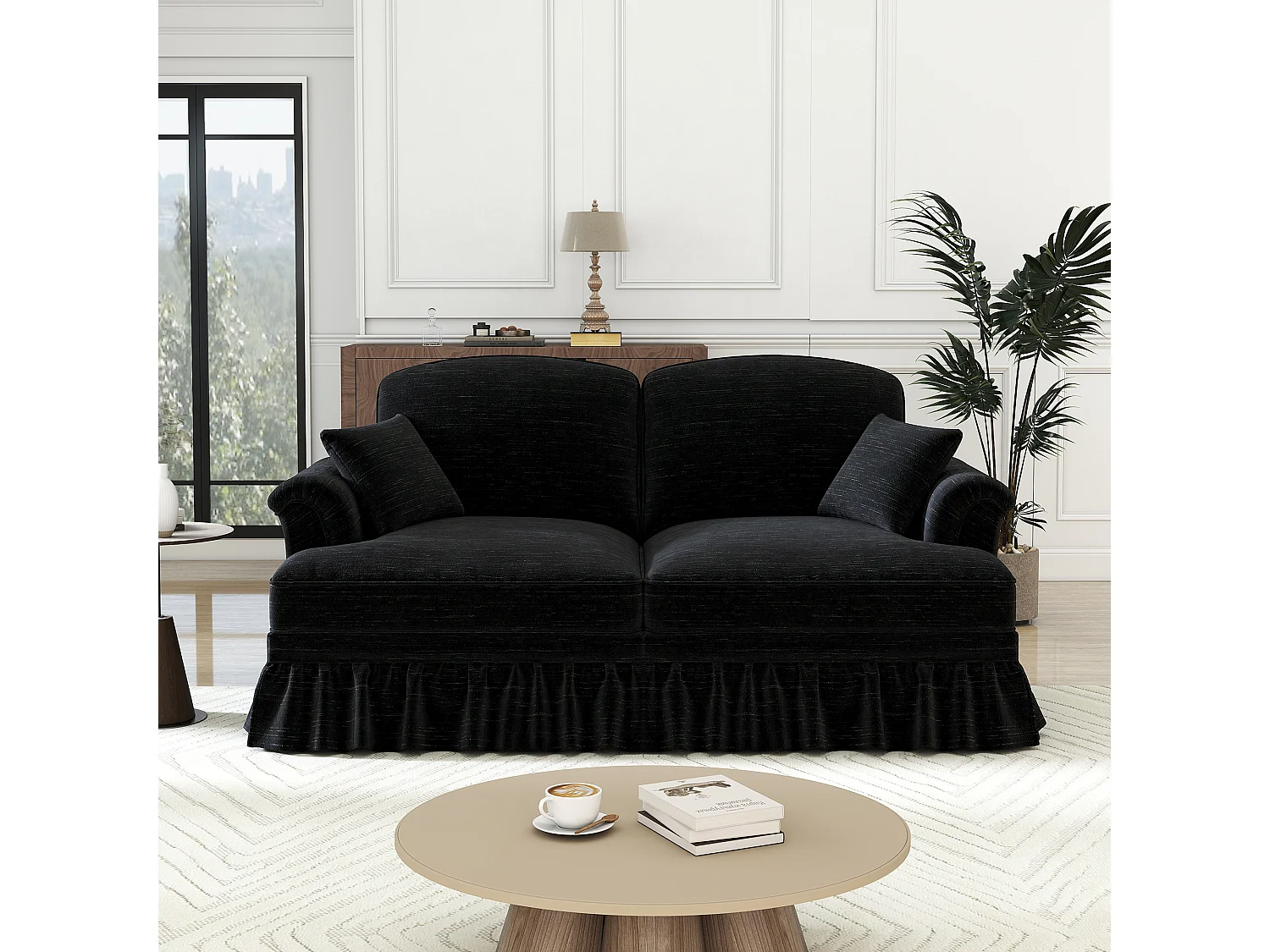 Grote 2-Zits Bank van Chenille - Met Afneembare Hoes en 2 Kussens - 194x83.5x93cm - Zwart