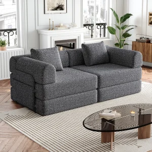 Grijze 2-zitsbank – Rechte bank met opbergruimte en 3 metalen frames – chenille Grijze 2-zitsbank – Rechte bank met opbergruimte en 3 metalen frames – chenille