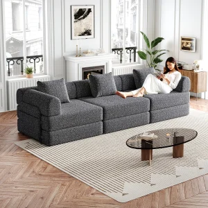 Grijze 3-zitsbank – Rechte bank met opbergruimte en 3 metalen frames – chenille Grijze 3-zitsbank – Rechte bank met opbergruimte en 3 metalen frames – chenille