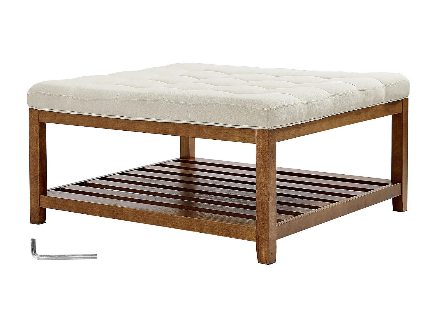 Grote Gepolsterde Vierkante Salontafel SucceBuy in Linnen, 87.5 cm, Gepolsterde Voetensteun met Opbergplank van Massief Hout, Gewichtscapaciteit 181,44 kg