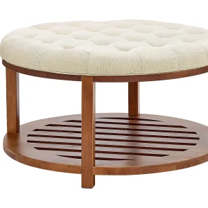 Grote Gepolsterde Ronde Salontafel SucceBuy in Linnen, 81 cm, Gepolsterde Voetensteun met Opbergplank van Massief Hout, Gewichtscapaciteit 158,76 kg Grote Gepolsterde Ronde Salontafel SucceBuy in Linnen, 81 cm, Gepolsterde Voetensteun met Opbergplank van Massief Hout, Gewichtscapaciteit 158,76 kg