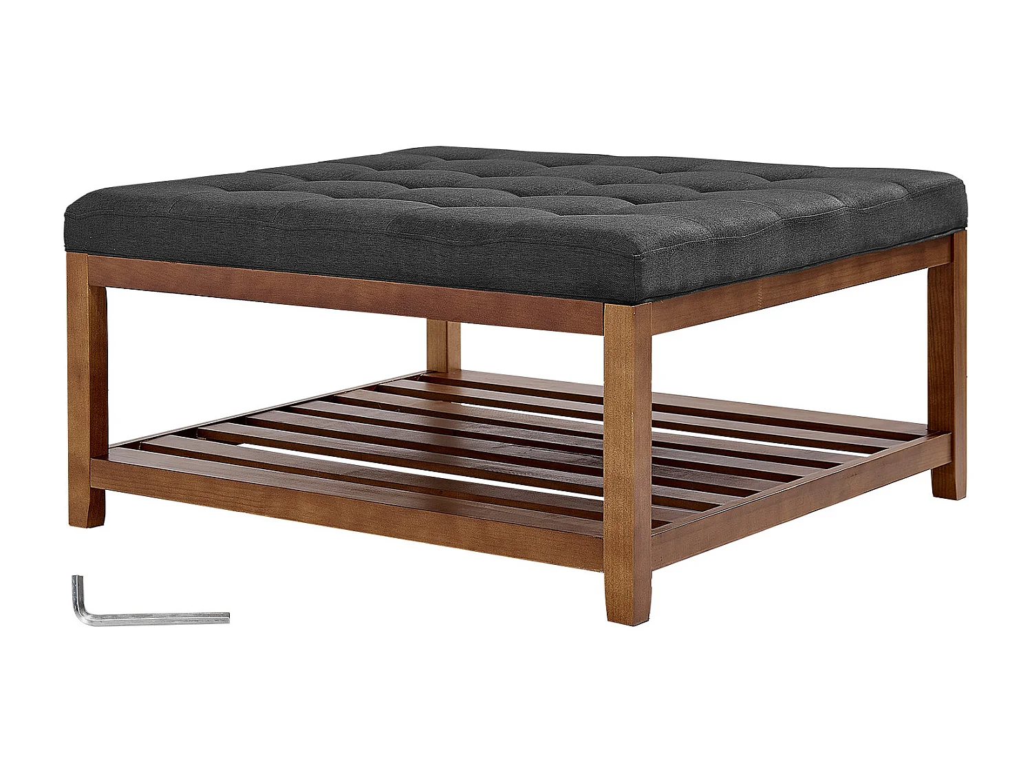 Grote Gepolsterde Vierkante Salontafel SucceBuy in Linnen, 87.5 cm, Gepolsterde Voetensteun met Opbergplank van Massief Hout, Gewichtscapaciteit 181,44 kg