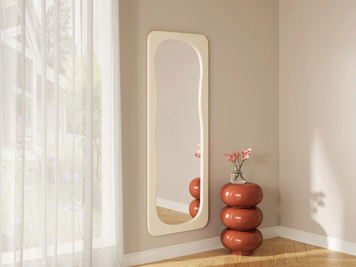 Organische spiegel met glanzende afwerking, B. 60 x H. 160 cm, Ivoor, HAIMEI