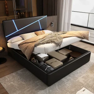 Gestoffeerd opbergbed – 140 x 200 cm – met hoofdbord + LED's – hydraulische opberging – zwart Gestoffeerd opbergbed – 140 x 200 cm – met hoofdbord + LED's – hydraulische opberging – zwart