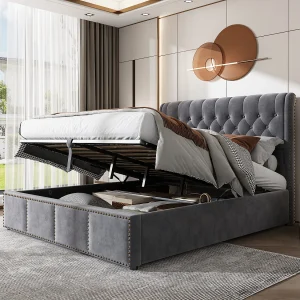 Gestoffeerd bed met hydraulische opberging – 160 x 200 cm – met hoofdbord en lattenbodem – fluweel – grijs Gestoffeerd bed met hydraulische opberging – 160 x 200 cm – met hoofdbord en lattenbodem – fluweel – grijs