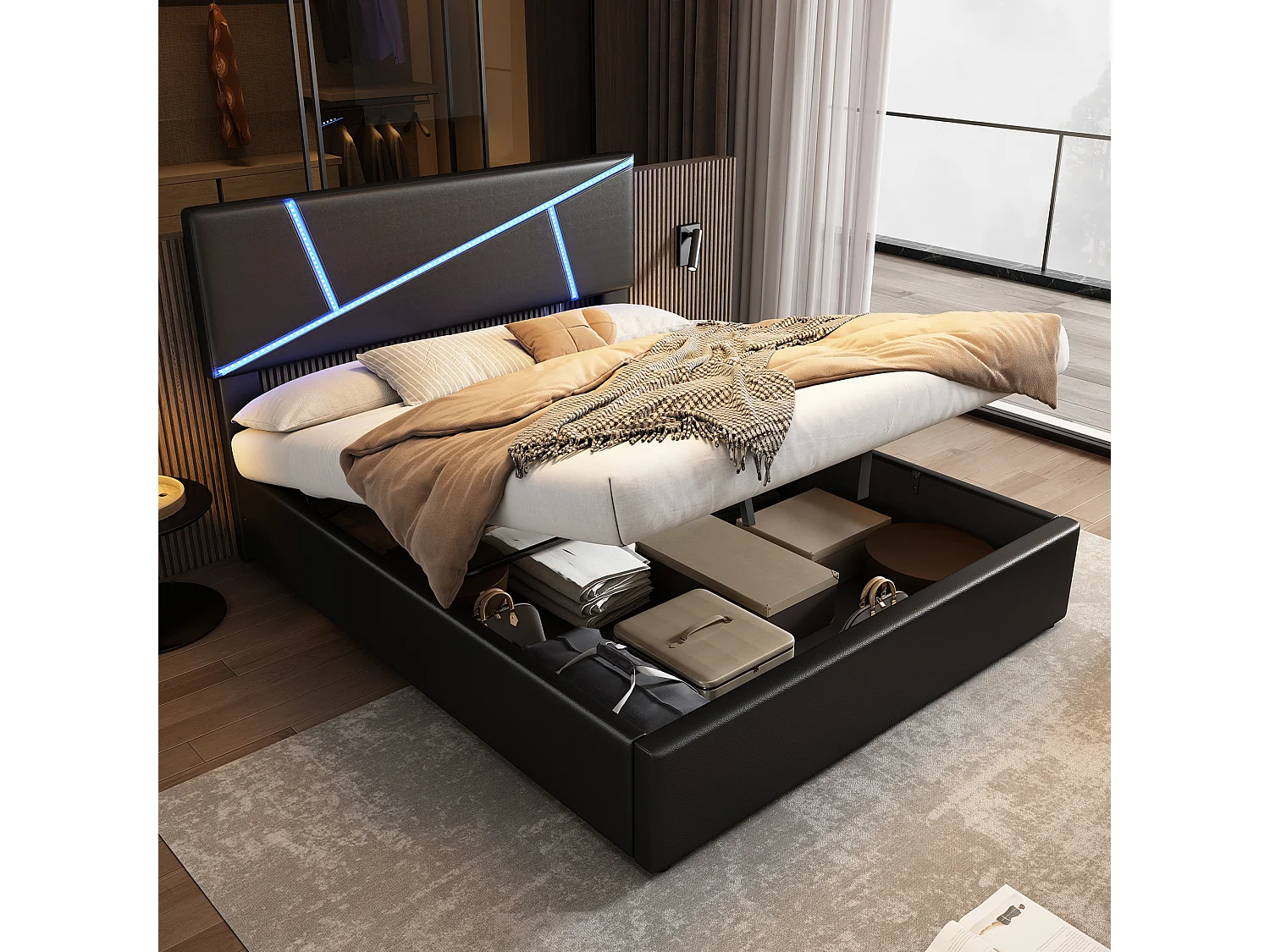 Gestoffeerd opbergbed - 90 x 200 cm - met LED's en rugleuning - kunstleer - zwart