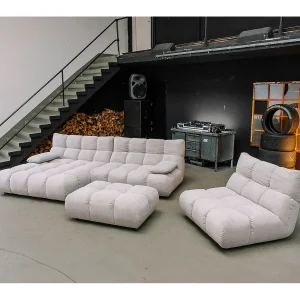 Hoekbank Gestoffeerde kruk Draaibare fauteuil Stel in – Zilver Koord – VIVIEN Hoekbank Gestoffeerde kruk Draaibare fauteuil Stel in – Zilver Koord – VIVIEN