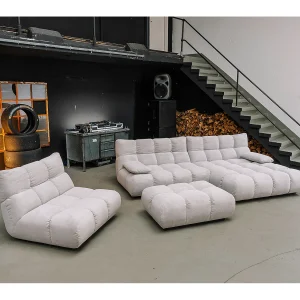 Hoekbank Gestoffeerde kruk Draaibare fauteuil Stel in – Zilver Koord – VIVIEN Hoekbank Gestoffeerde kruk Draaibare fauteuil Stel in – Zilver Koord – VIVIEN