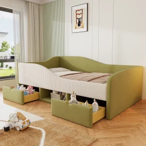 Gestoffeerde slaapbank – 90×190 cm – met 2 lades en zijrails – fluweel – donkergroen + crème Gestoffeerde slaapbank – 90×190 cm – met 2 lades en zijrails – fluweel – donkergroen + crème