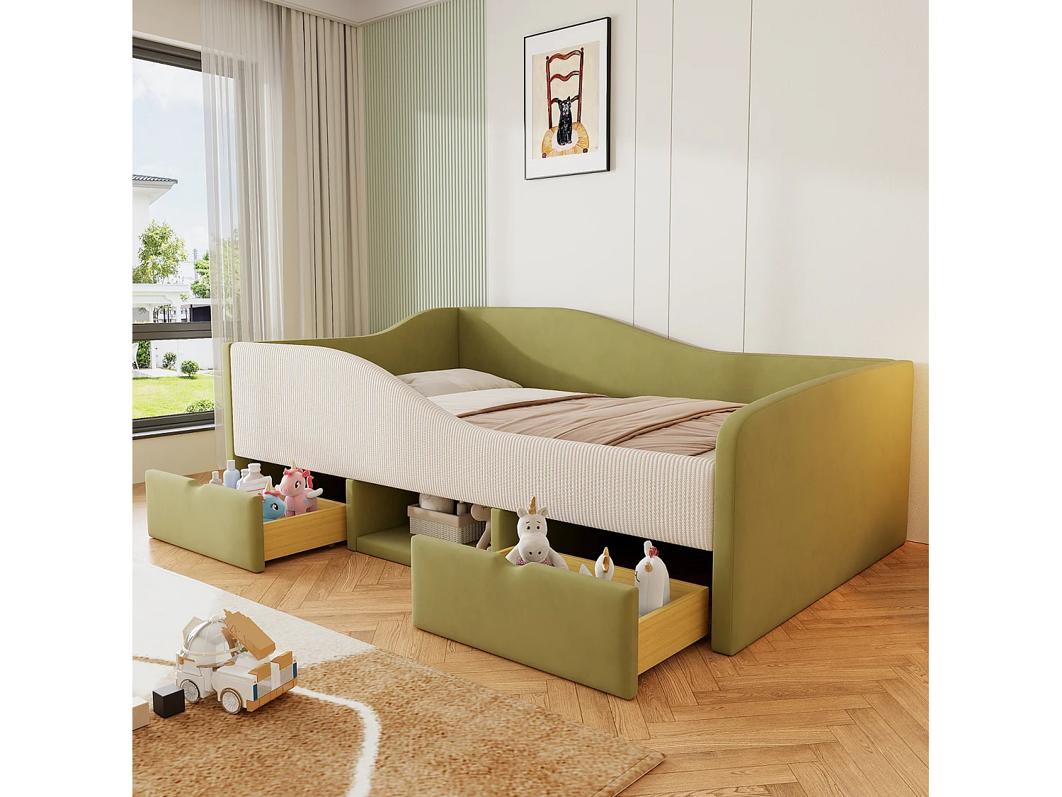 Gestoffeerde slaapbank - 90×190 cm - met 2 lades en zijrails - fluweel - donkergroen + crème