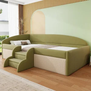 Gestoffeerde slaapbank – 90×190 cm – met treden en tussenschotten – fluweel – donkergroen + crème Gestoffeerde slaapbank – 90×190 cm – met treden en tussenschotten – fluweel – donkergroen + crème